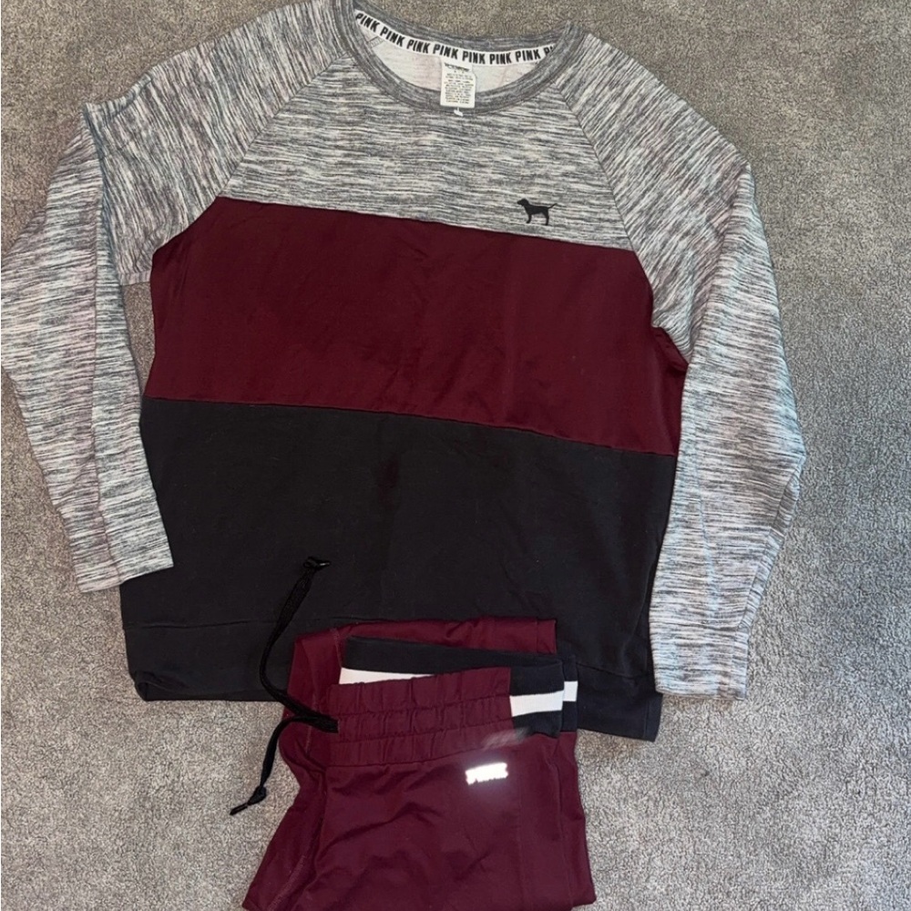 Victoria's Secret “Pink” Heather Maroon Gray Sweatshirt 2 Piece Set